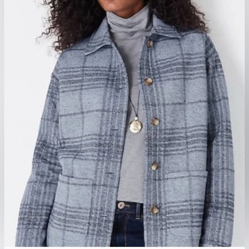 NEW-J. Jill Modern Plaid Shacket Dusty Indigo Heather Blue Lightweight Jacket LT